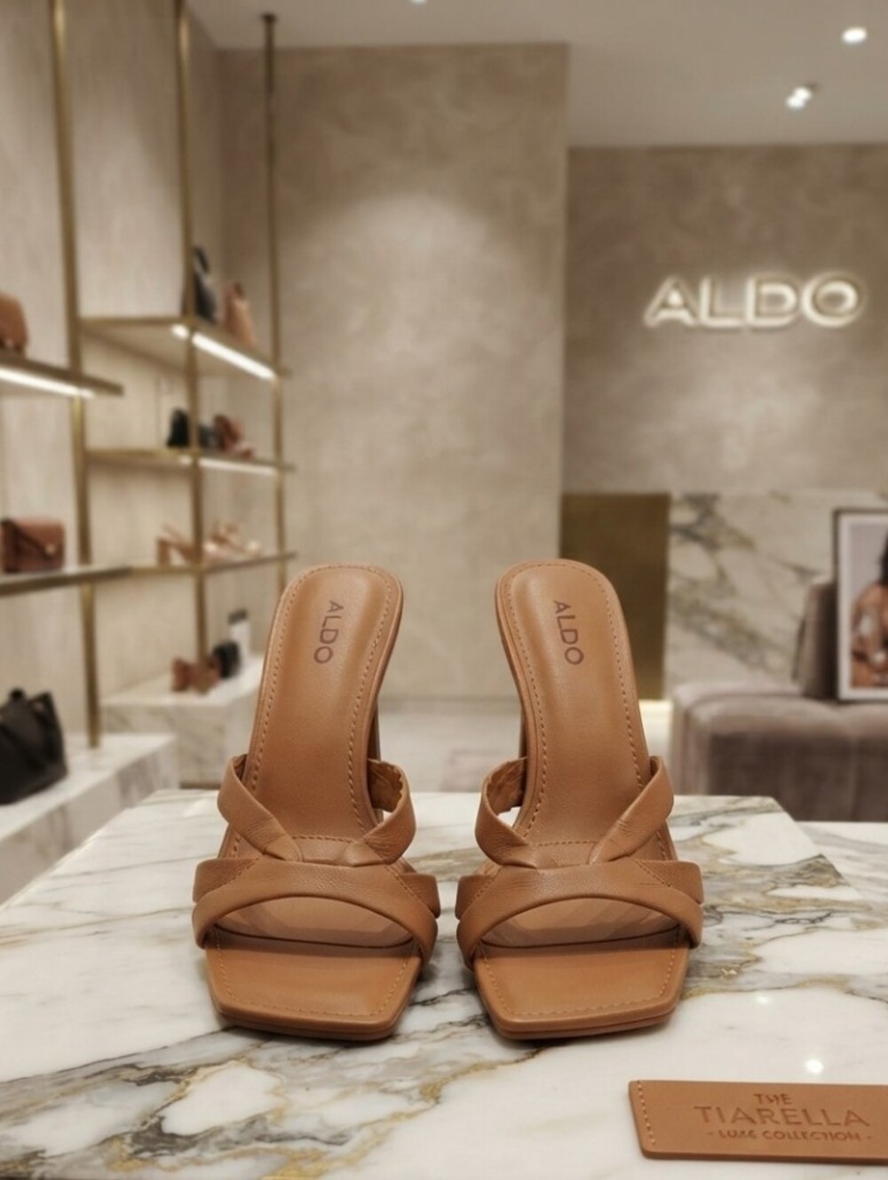 ALDO Women's Tan Leather Strappy Square-Toe Heeled Sandals